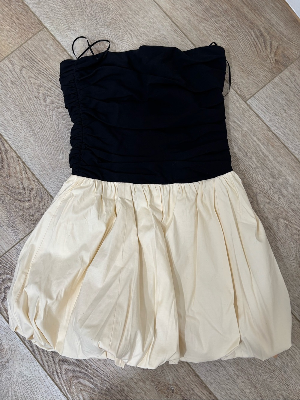 Reformation Strapless Black and Cream Bubble Hem Dress